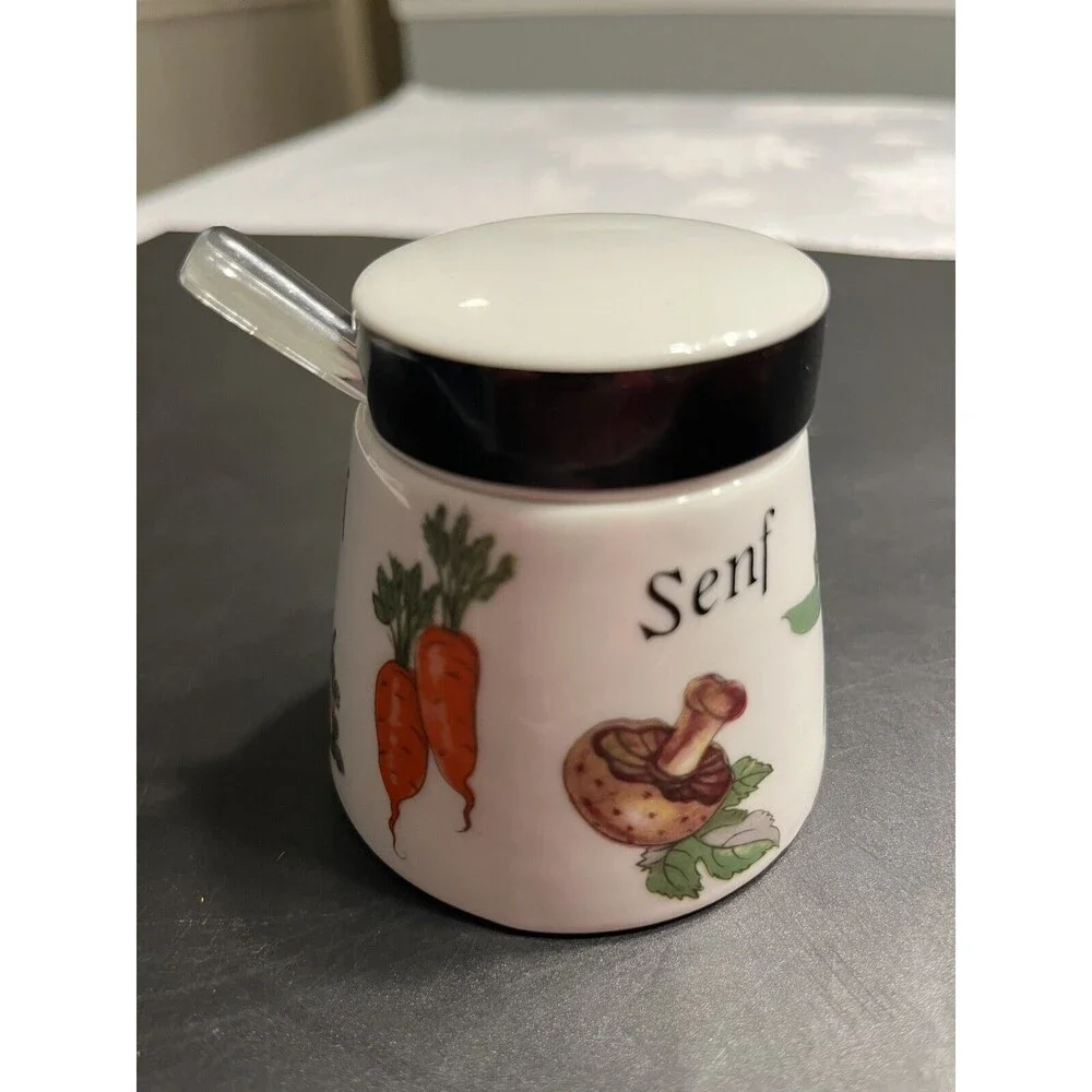 Gerold Porzellan Bavaria Mushroom Veggie Motif Condiment Jar w Lid & Spoon